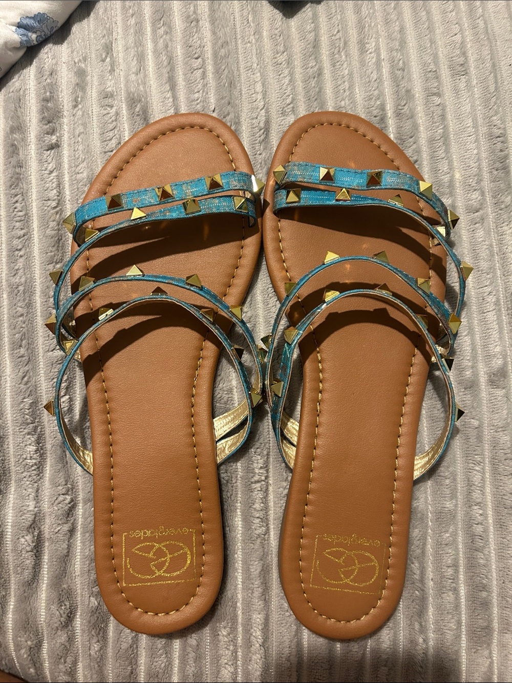 Stud-Embellished Teal Strappy Slide Sandals